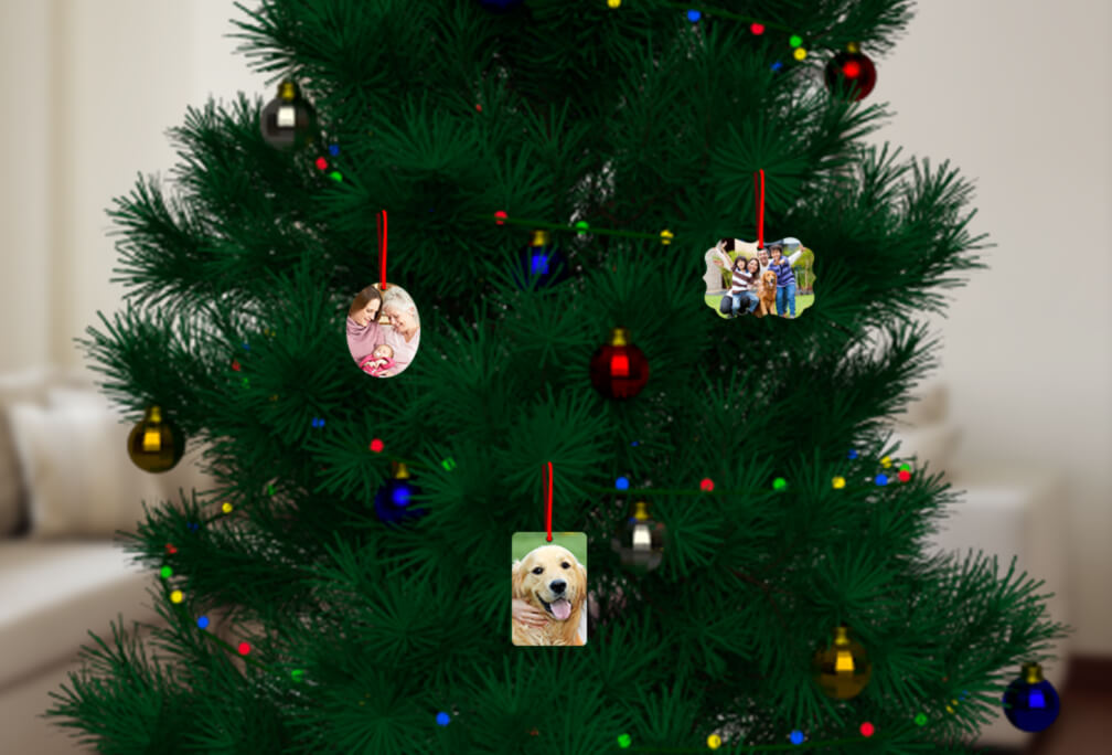 Your custom printed ornament comes ready to hang. Ornaments come with a small hole and a red ribbon.